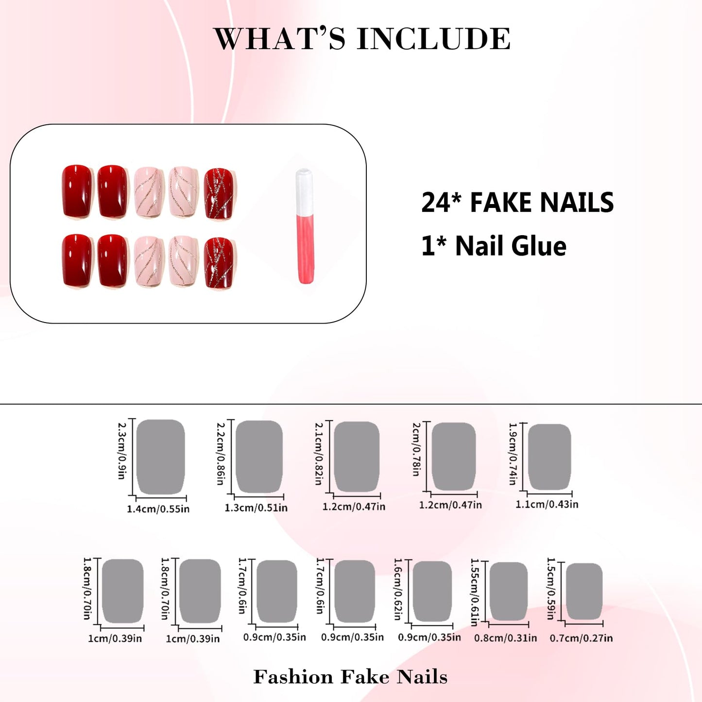 IMRAIN Red Press on Nails Short Square Fake Nails Glossy Acrylic False Nails Full Cover Gel Glue on Nails New Year Nail Kits 24Pcs