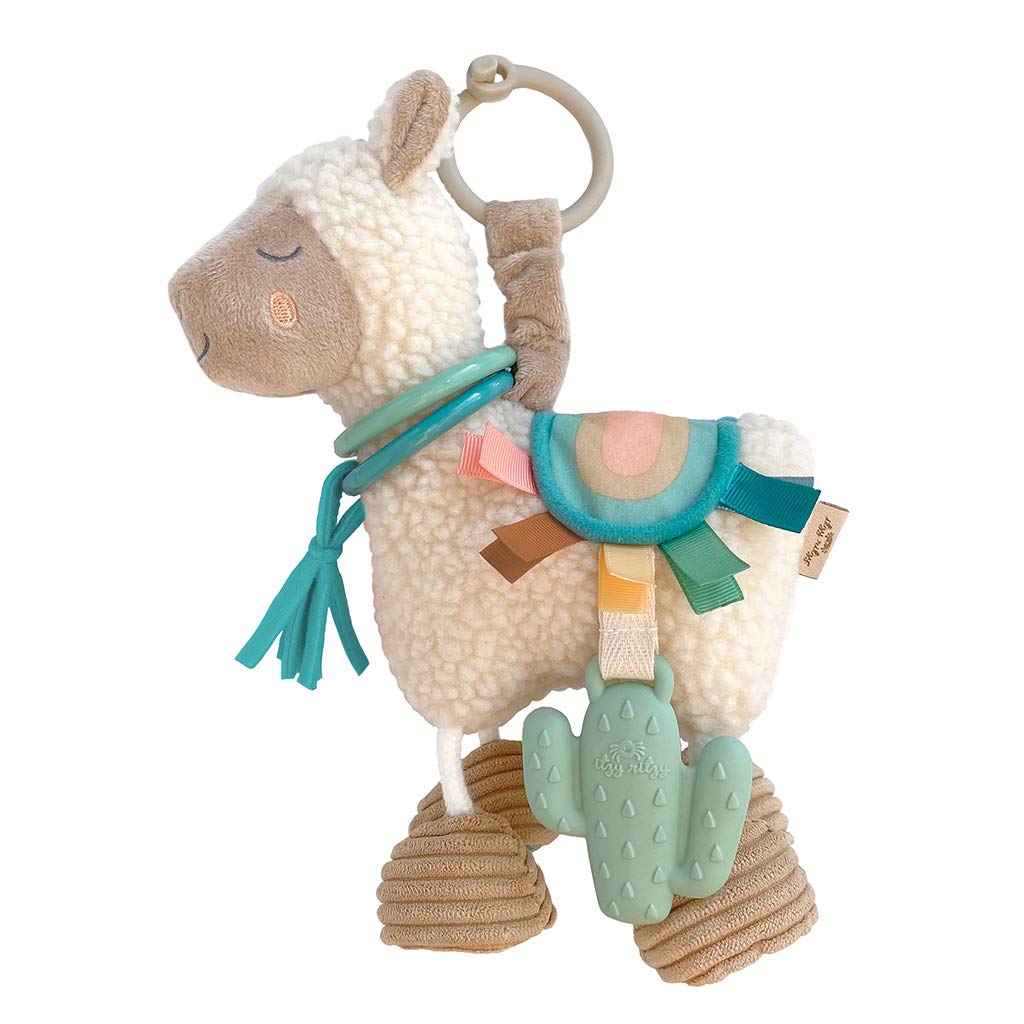 Itzy Ritzy Link & Love Toy for Stroller or Car Seat – Features Textured Ribbons, Crinkle Sounds, Clinking Rings & Silicone Teether – Designed For Ages 0 Months and Up (Llama)