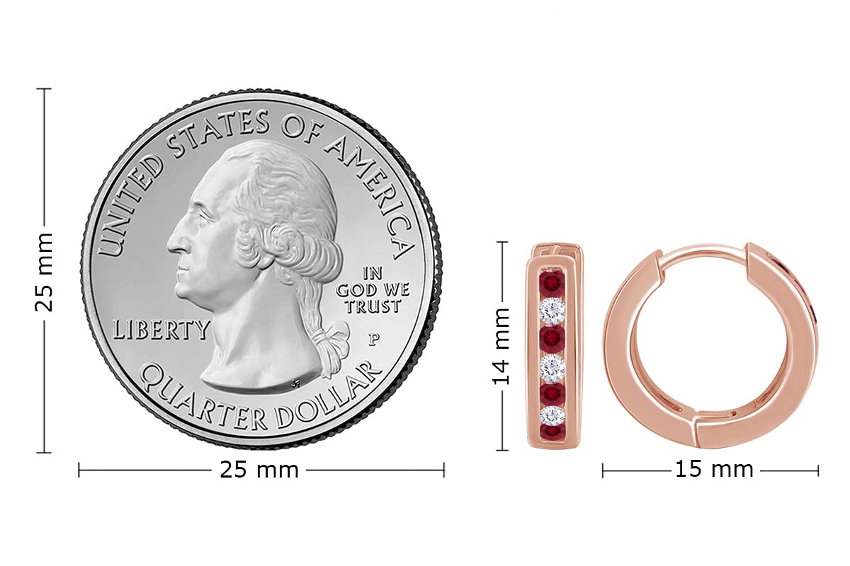 Huggie Earrings for Women, 14K Rose Gold Over Sterling Silver Hoop Earrings with Simulated Ruby and White Cubic Zirconia, Dainty Elegant Jewelry Gift