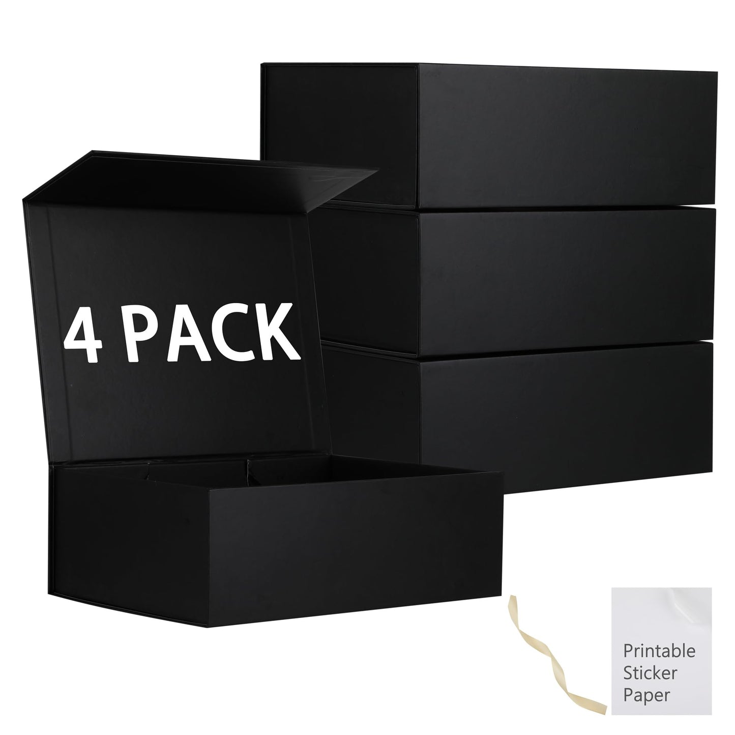 MUMUPACK 4 Pack Black Gift Boxes With Lids,12x8x4.5 Inch Bridesmaid Proposal Box And Printable Stickers,Proposal Boxes With Ribbon For Wedding, Packaging, Present, Birthday
