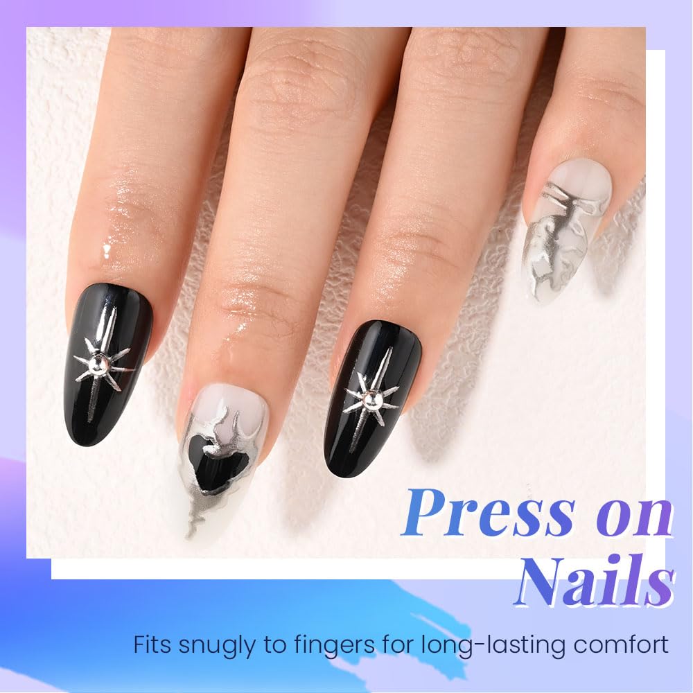 evpct 3D Gothic Press on Nails Short Almond with Silver Line Design, Black White Silver French Tip Stick on Nail for Women, Reusable Full Cover Soft Press on Fake Nail Perfectly Fit with Design