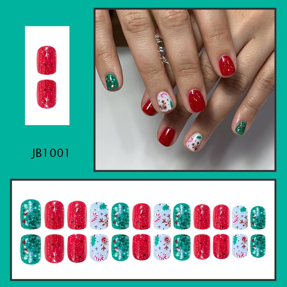 Christmas Short Press on Nails EIK Winter Fake Nails with Glitter Designs Crutch Red Full Cover Stick on Nails Christmas Tree Square Nail Press ons Xmas Reusable Cute False Nail for Women 24Pcs