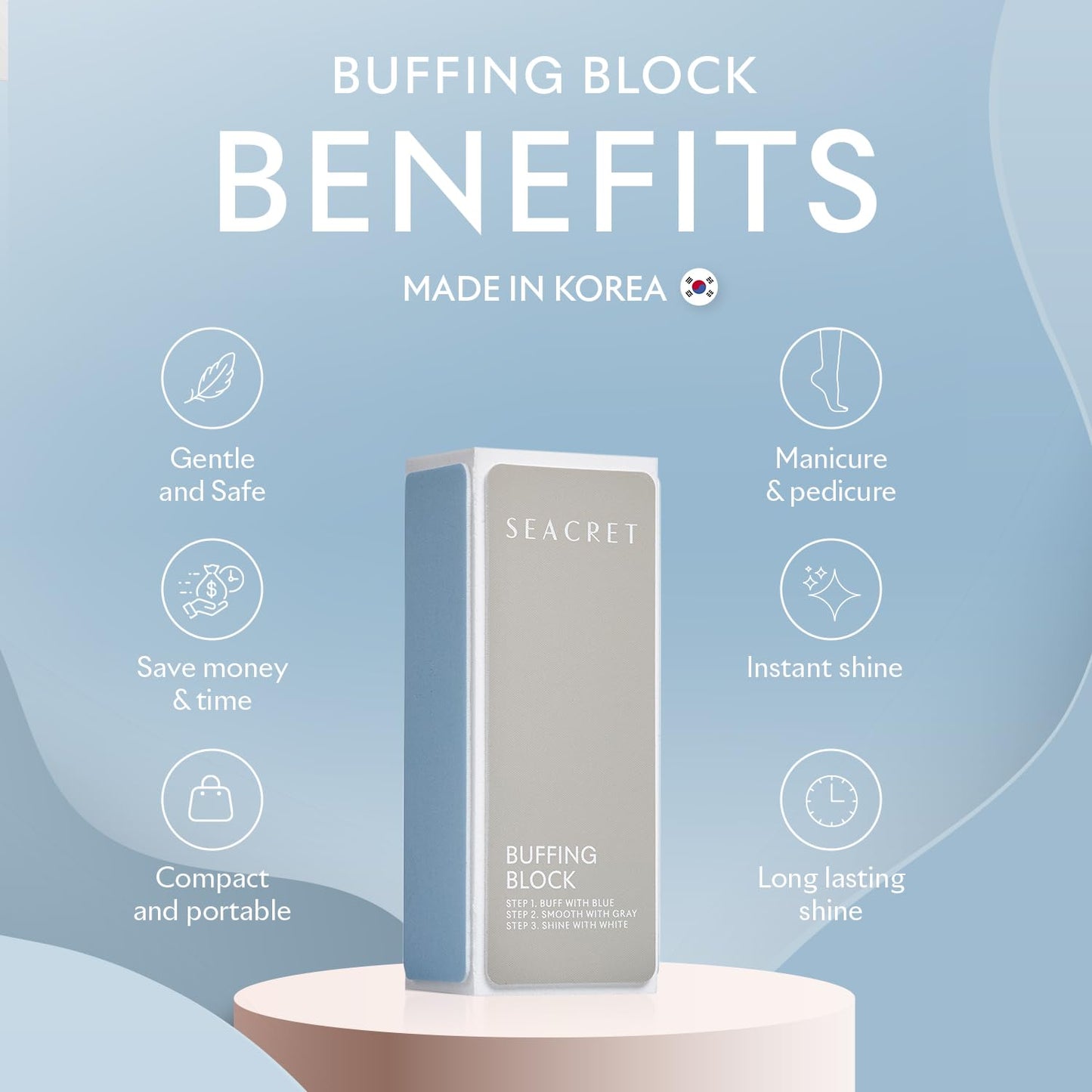 SEACRET Nail Buffer Block - 3-Way Salon Shine for Natural Nails, Smooths Ridges & Buffs to Glossy Finish Without Polish - Korean Made - Manicure & Pedicure, Pack of 2