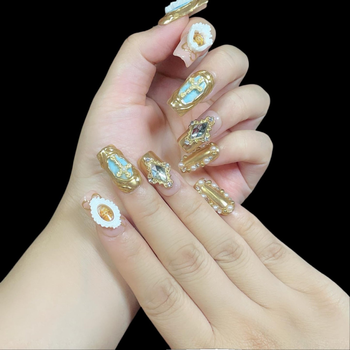 Handmade Press On Nails Luxury Baroque Gold Cross, Cherubs & Pearl Frames | Medium/Short Square | Reusable Thick Acrylic False Nails (Baroque, S)