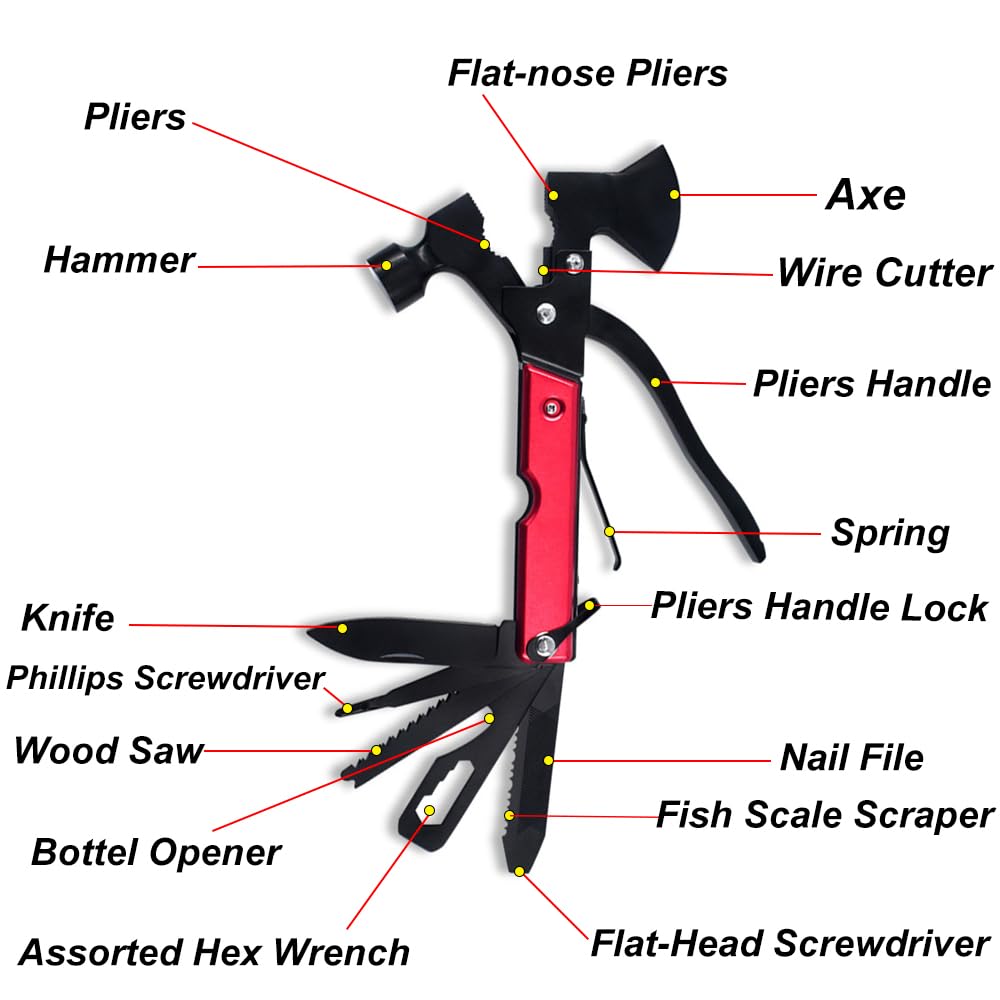 15 in 1Camping Multitool Axe Hatchet,Camping Gear Accessories Multitool,Cool Gadgets Must Haves for Men,Camping Tool with Axe,Hammer,Plier,Knife,Bottle Opener,Valentine's Gifts for Men, Women
