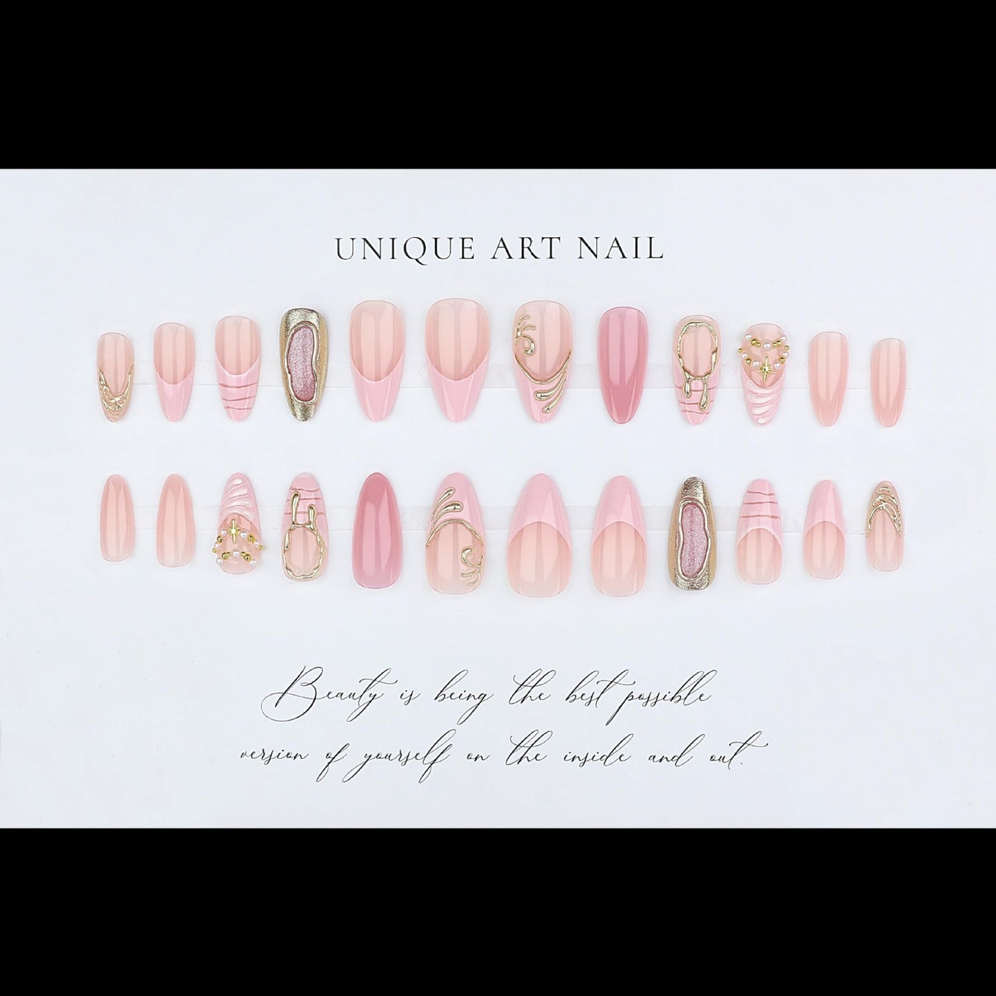 Almond Press on Nails Long Fake Nails Pink Artificial Nail Gold Charm Designs Stick on Nail for Women 24pcs