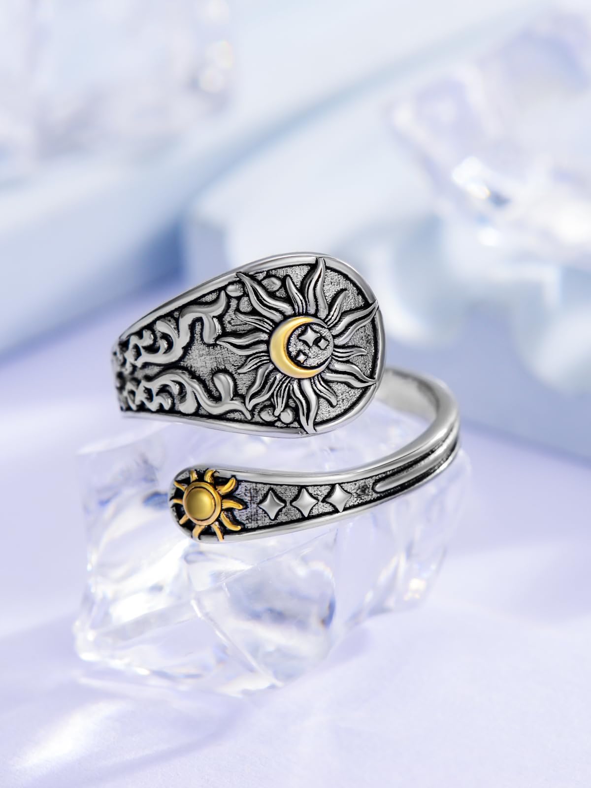 Midari Sun Moon Star Spoon Ring 925 Sterling Silver Vintage Adjustable Thumb Rings for Women & Daughters