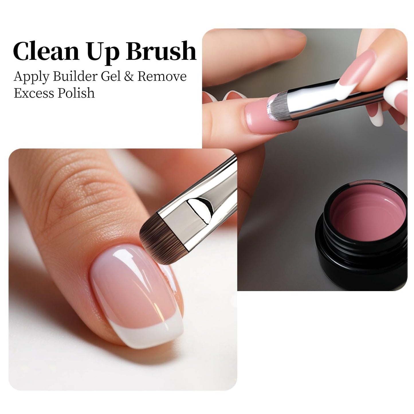GSWOI Dual Head Acrylic Nail Brush-French Tip & 9mm Liner with Cleaning Brush for Builder Gel,Polygel & Design-Wood Handle & Metal Caps