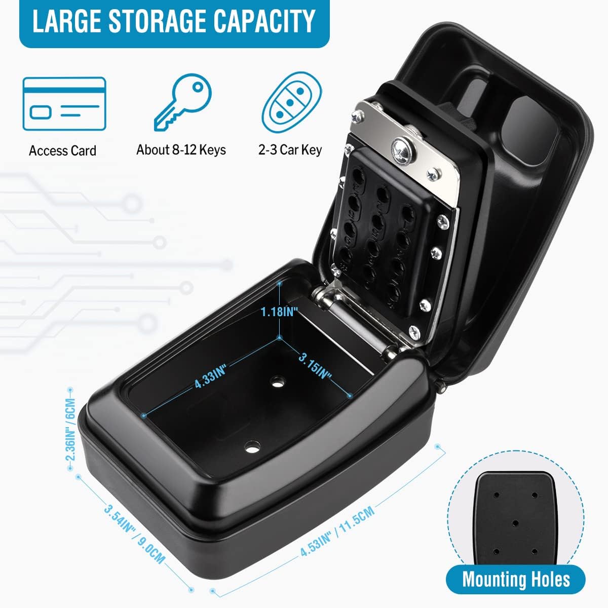 BKNOOU Key Lock Box Wall Mount with Code, Key Lock Box for Outside, Waterproof Key Safe Extra Large Lockbox for Keys Outdoor, 12-Digit Combination Key Storage Box Spare Hider for Home Garage