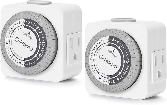G-Homa Timers for Electrical Outlets, 24 Hour Indoor Plug-in Mechanical Timer Mini, 30 Minute Intervals, 3-Prong, Daily On/Off Cycle, for Lights, Lamps (2-Pack,ETL Listed) White