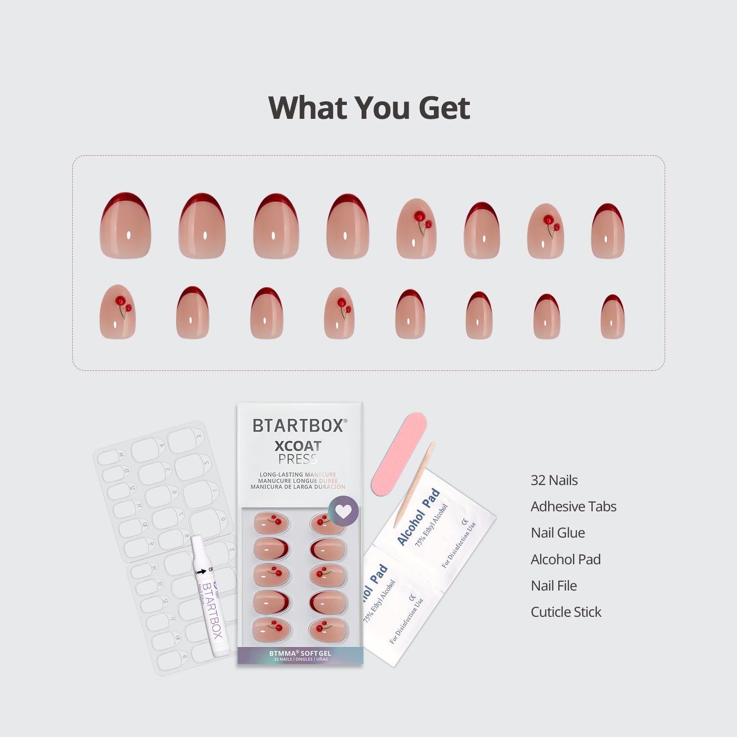 BTArtbox French Tip Press On Nails - Cherry Charm, Lamp-Curable Extra Short Red Almond Valentines Press On Nails with Glue and Adhesive Tabs for Women in 16 Sizes - 32 Soft Gel Glue On Nails Kit