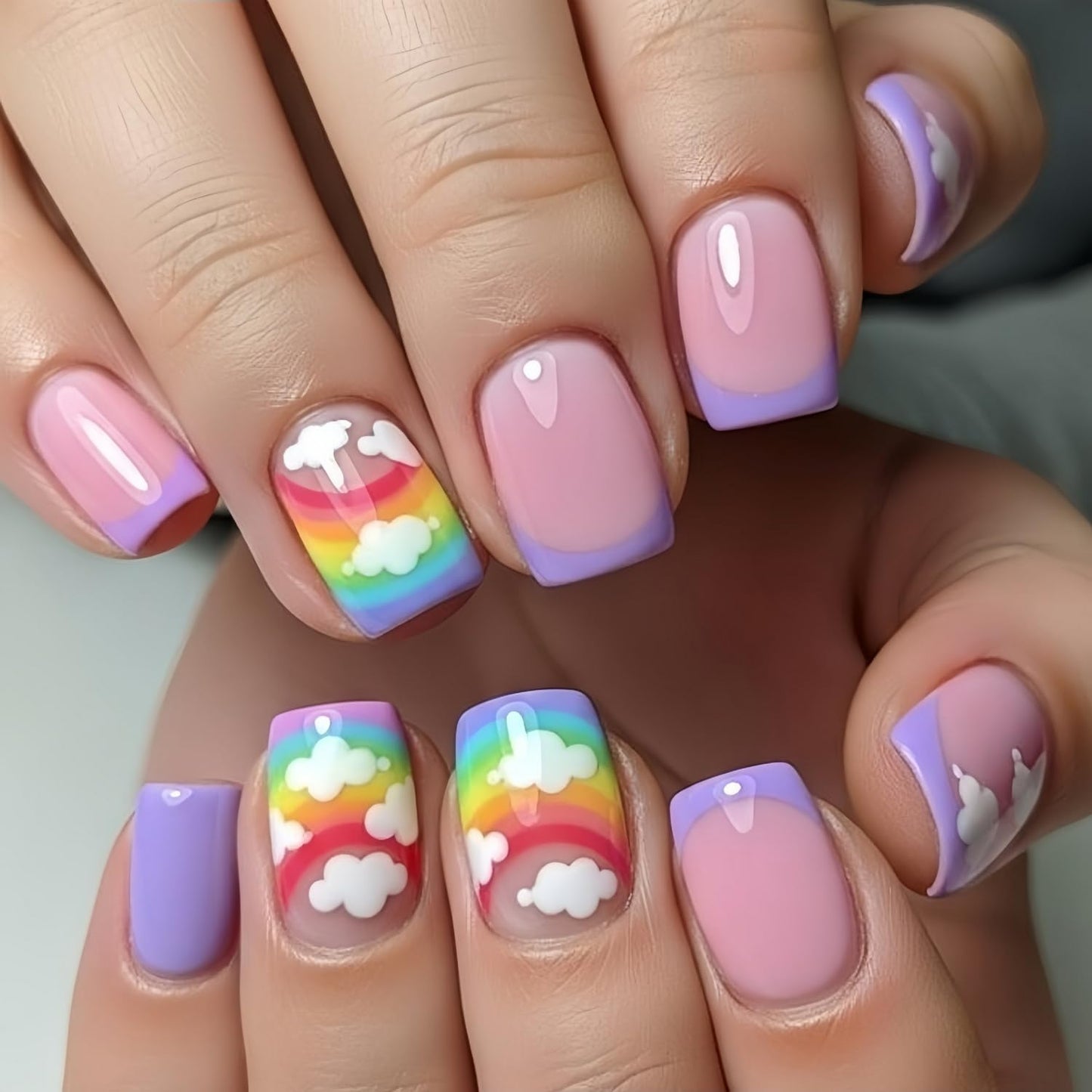 24pcs Colorful Press on Nail Medium Length Square Fake Nails Purple French Tip Press ones with Cloud Rainbow designs Stick on Nail Glossy Full Cover Cute Glue on Nails for Women Summer