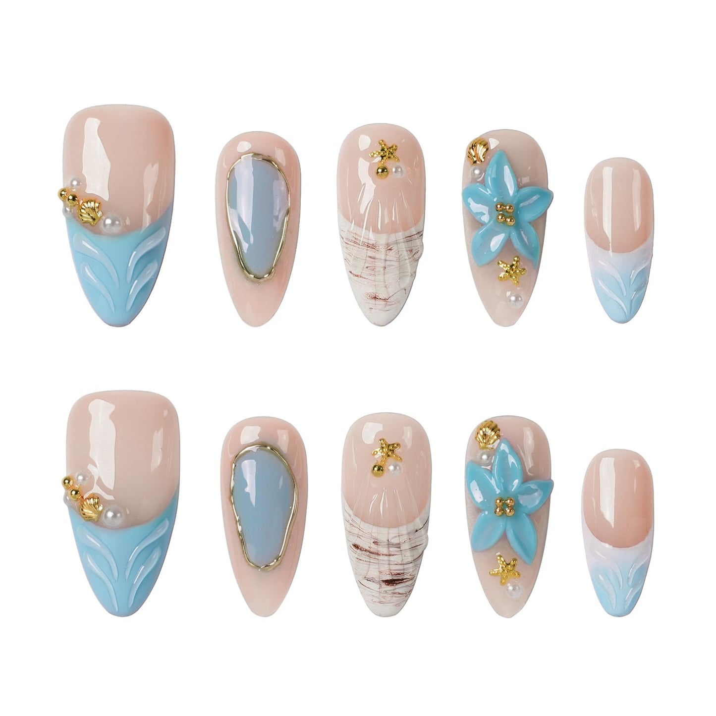 Tesytto Handmade Press on Nails Almond Shape Glossy Reusable False Nails for Nail Art (Coastal Bloom Melody, S)