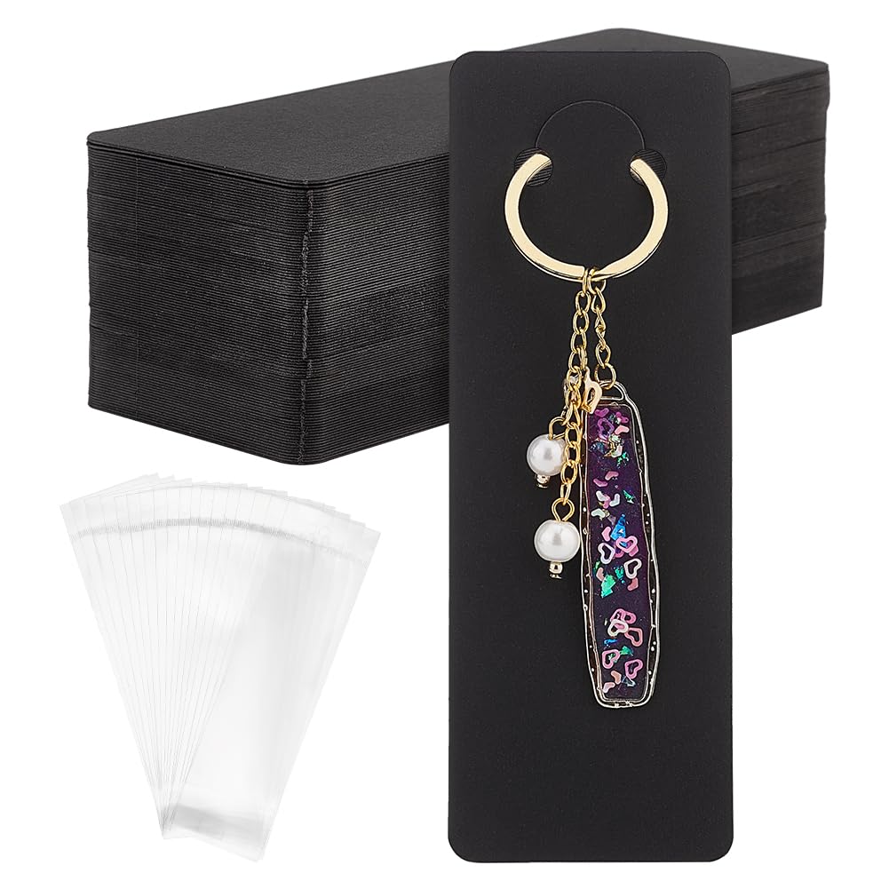 PH PandaHall 100 Sets Long Keychain Display Cards with Self-Sealing Bags, 5.9x2 Inch Black Paper Keyring Display Holder Keychain Cards Holder for Displaying Keyring Keychains Jewelry Packaging