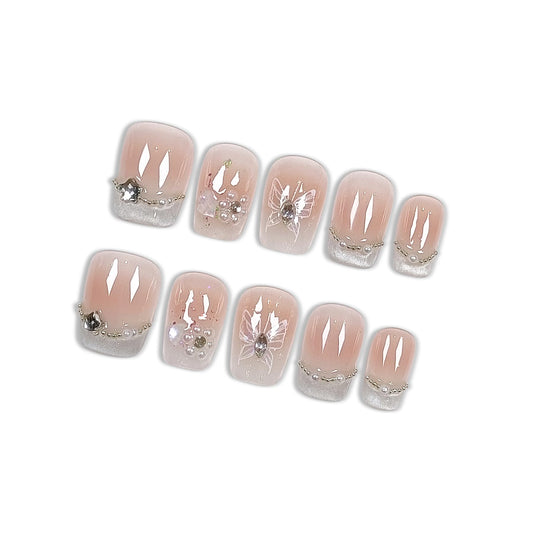Hantyer Handmade Press On Nails Short Square,Acrylic French Crystal Cat Eye & Chain Pearl Butterfly Design Fake Nails,Cute Korean Pink False Nails 10PCS with Tools Kit for Women Daily (Size S)