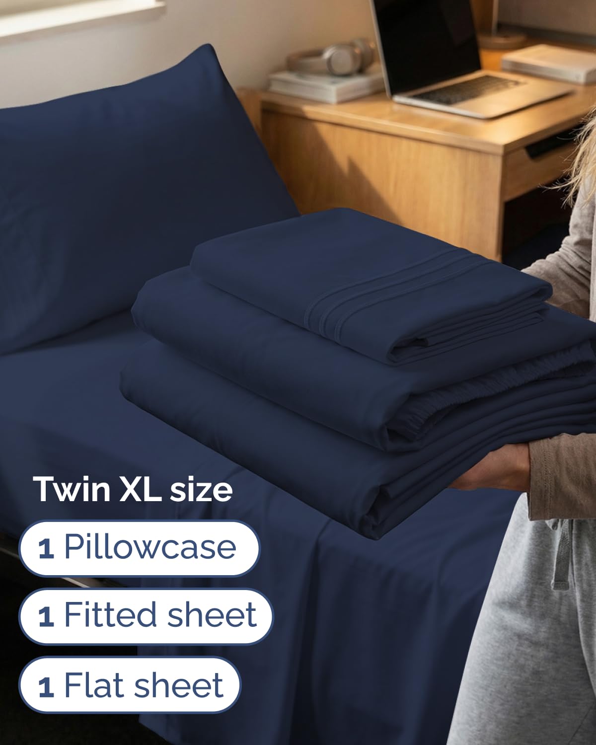 Twin XL Size 3 Piece Sheet Set - Comfy Breathable & Cooling Bed Sheets Set - Hotel Luxury Bedding for Women, Men, Kids, Teens, Boys & Girls - Deep Pockets, Soft, Wrinkle Free - Oeko-Tex - Navy Blue