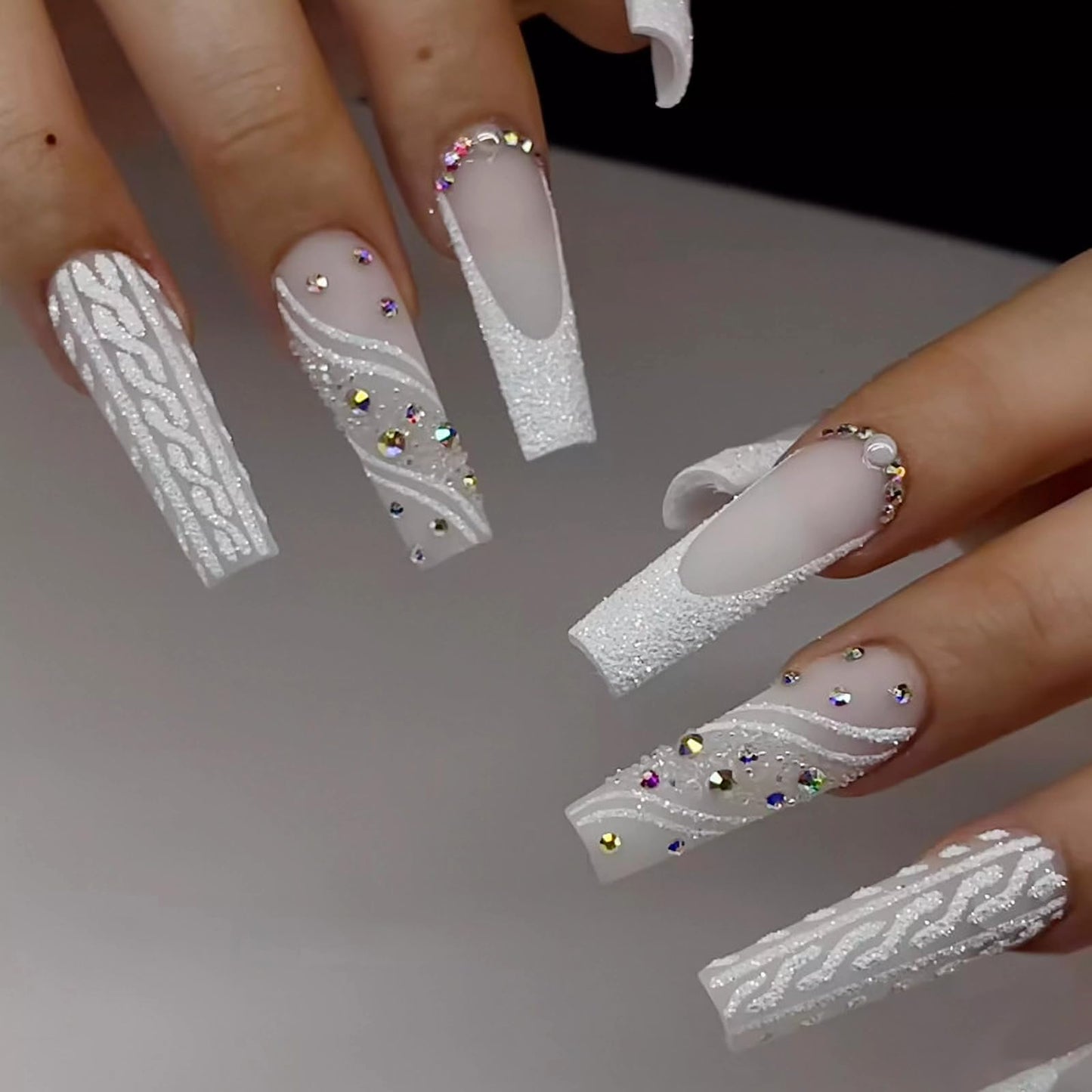 MISUD Press on Nails - Long Square Glue on Nails with White, Acrylic Wedding Bride Design 24 pcs