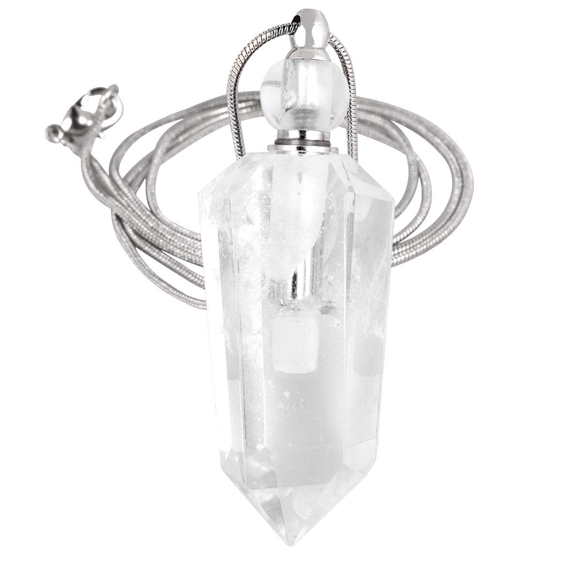 SUNYIK Rock Quartz Stone Essential Oil Diffuser Necklace for Women, Hexagonal Pointed Healing Crystal Perfume Bottle Pendant with Chain for Men, 28"
