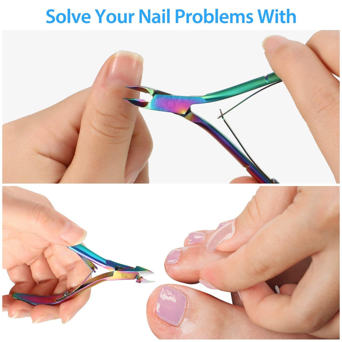 Professional Cuticle Trimmer and Nippers – Stainless Steel Cuticle Clippers for Fingernails and Toenails, Hangnail and Dead Skin Remover, Ultra Sharp Cutter for Manicure Pedicure – Rainbow Finish