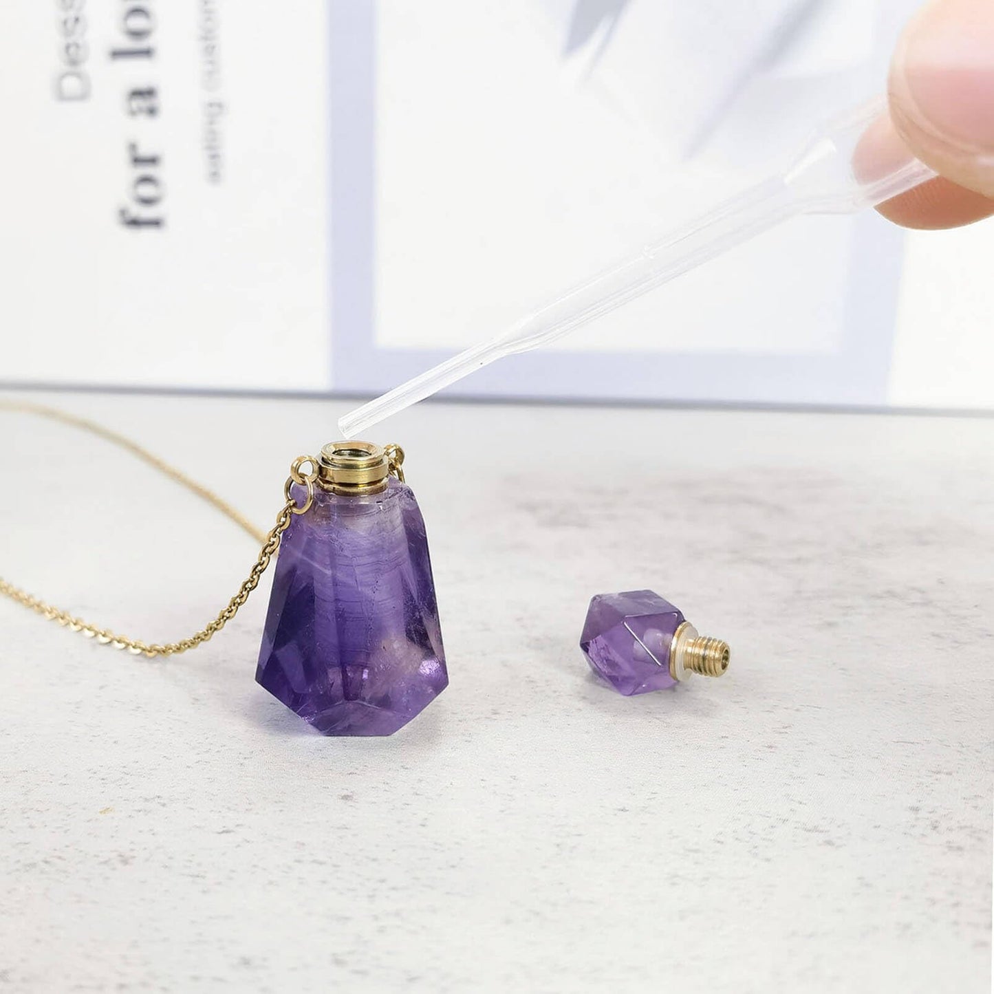 Ladywowu Amethyst Necklace, Natural Purple Crystal Perfume Bottle Necklace for Liquid, Essential oi