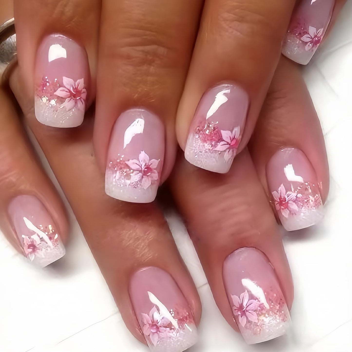 24pcs French Tip Press On Nails - Short Square Pink Flower Fake Nails with Full Coverage, Tip Glue on Designs for Women & Girls