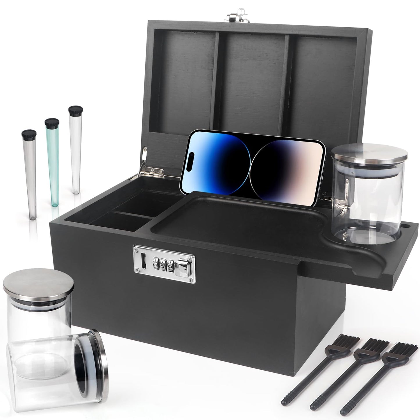 Large Black Bamboo Box with Combination Lock, Premium Storage Box with Removable Tray & Detachable Compartments, Wooden Decorative Boxes with Alright Jars & Brushes & Tubes for Great Gift Choice.