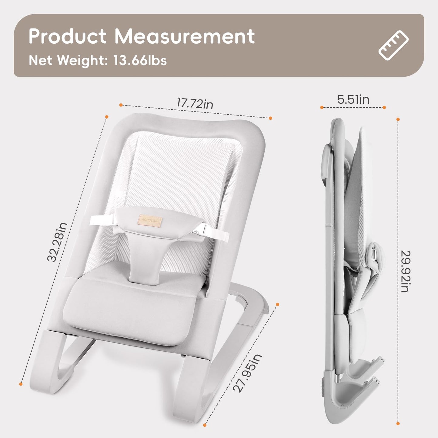 Baby Bouncer for Newborns 0-12 Months: 0-5 Years Portable Infant Seat with Soft Grey Fabric, Adjustable Recline & 3-Point Harness, Supports Up to 60 lbs