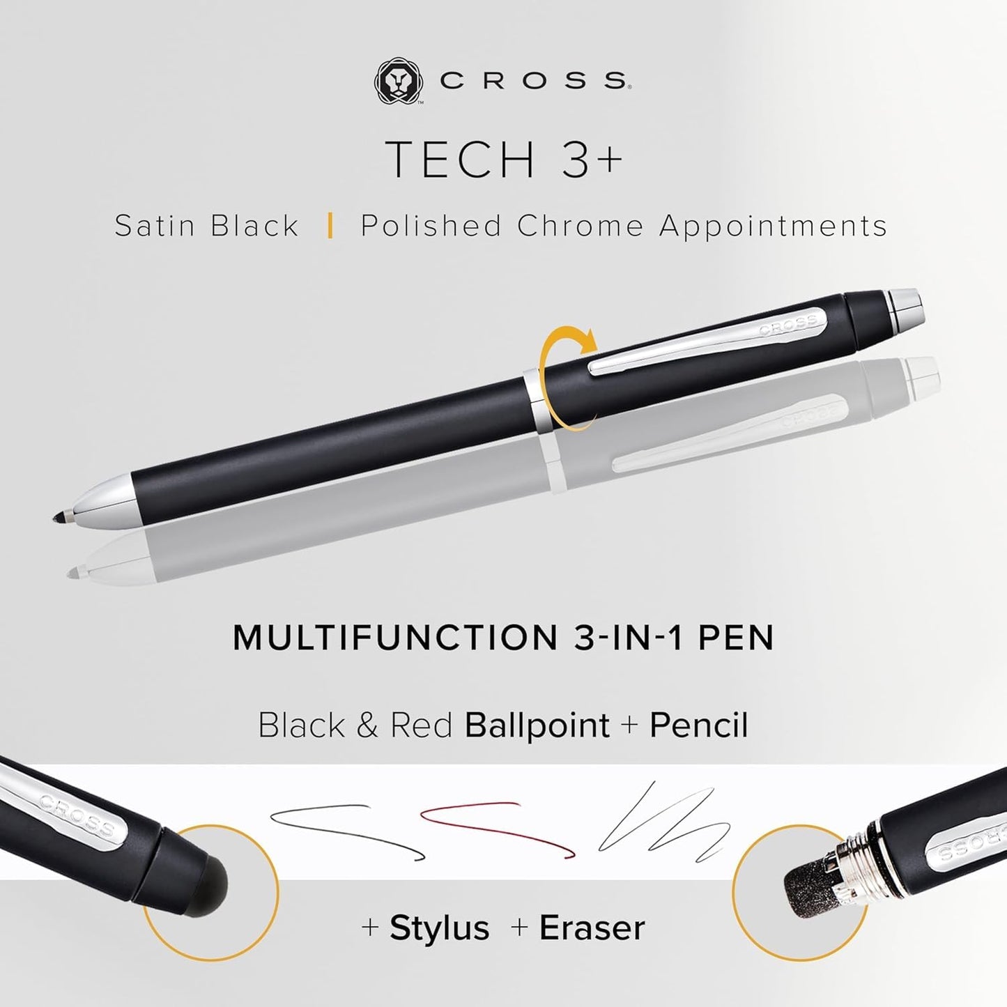 Cross Tech3 Satin Black Multi-function Pen - 0.5 MM Lead Size Pencil, Black Ink Refill, and Red Ink Refill in One Pen.