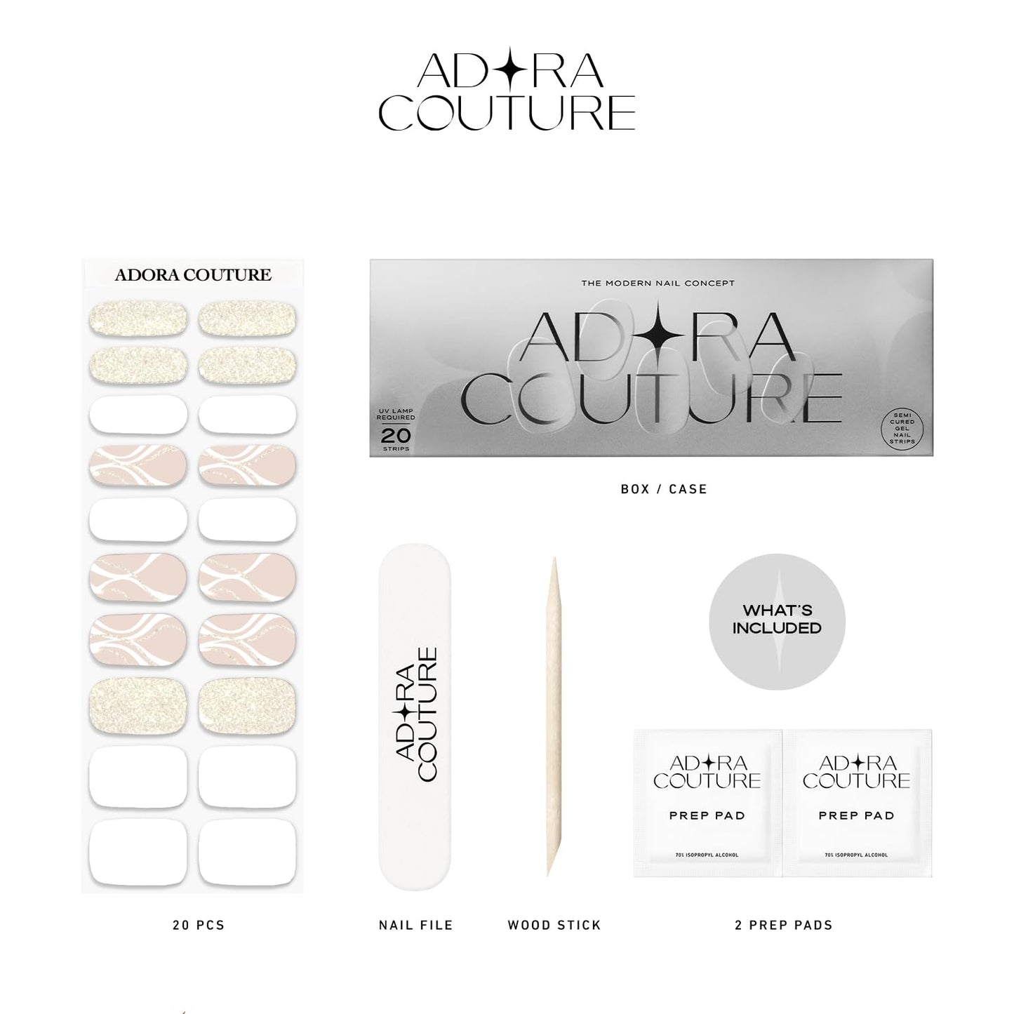 Adora Couture Semi Cured Gel Nail Strips with 20 Pieces - UV Gel Stickers, Manicure Kit, Easy Application Wraps Includes Prep Pads, Nail File, Wooden Stick - UV Light Required (Luxe Wave)