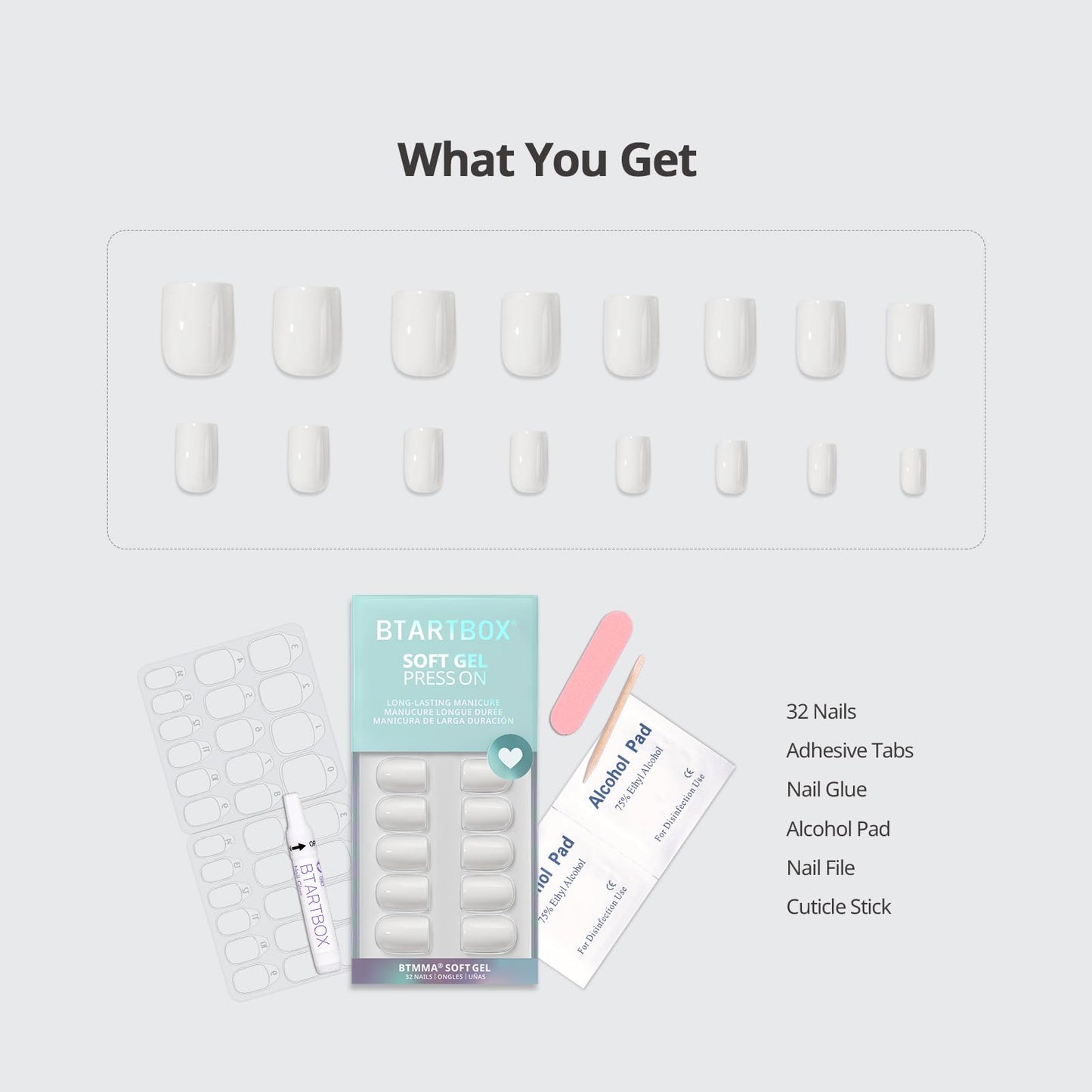 BTArtbox Press On Nails Square - Pastel White Short Press On Nails with Glue for Women, Opaque Soft Gel Glue On Nails in 16 Sizes - 32 Stick On Nails Kit, Note Book