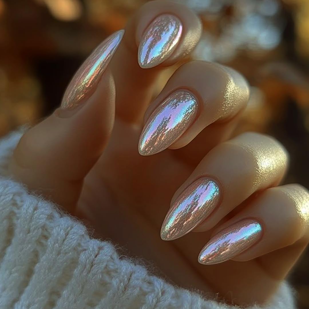 Champagne Chrome Press on Nails Medium Almond,KQueenest Iridescent Stiletto Fake Nails with Designs,Glossy Pearlescent Glue on Nails Press on With Mirror Effect,Acrylic Nails for Women 24Pcs