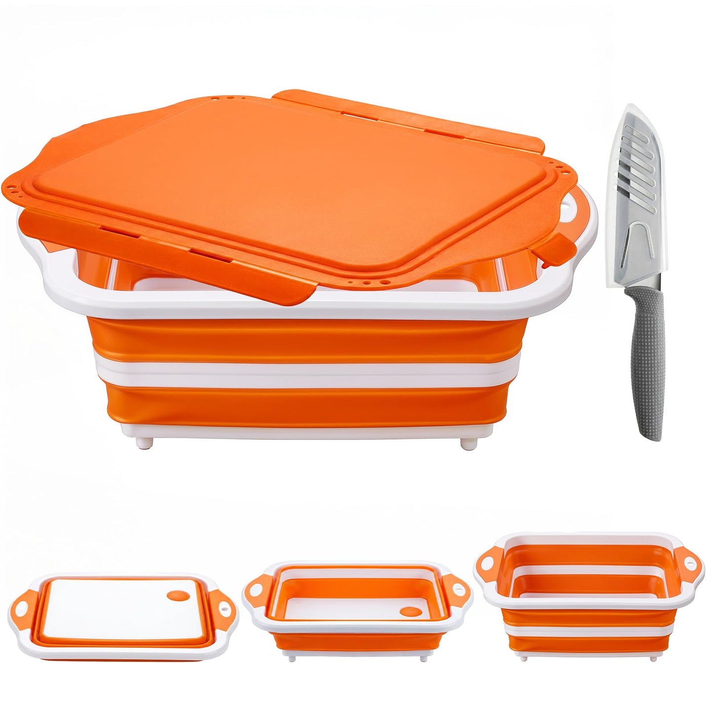 Collapsible BBQ Prep Tub with Lid, Foldable Camping Sink with Colander, Cutting Board, Dish Basin for Kitchen, Bowl, Vegetable and Fruit, Storage Basket for Picnic-Orange
