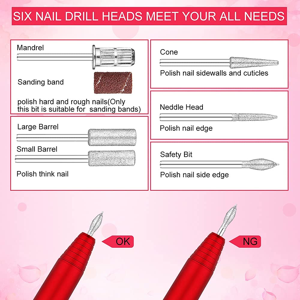 20000 RPM Electric Nail File Kit Portable Nail Drill Machine Professional Manicure Pedicure Kit with Sanding Bands,Nail Drill Bits and Brush for Acrylic Gel Nails-Red