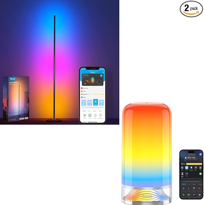 Govee RGBIC Floor Lamp, LED Corner Lamp Bundle with RGBIC Smart Table Lamp 2, Touch Bedside Lamps Work with Matter, Alexa