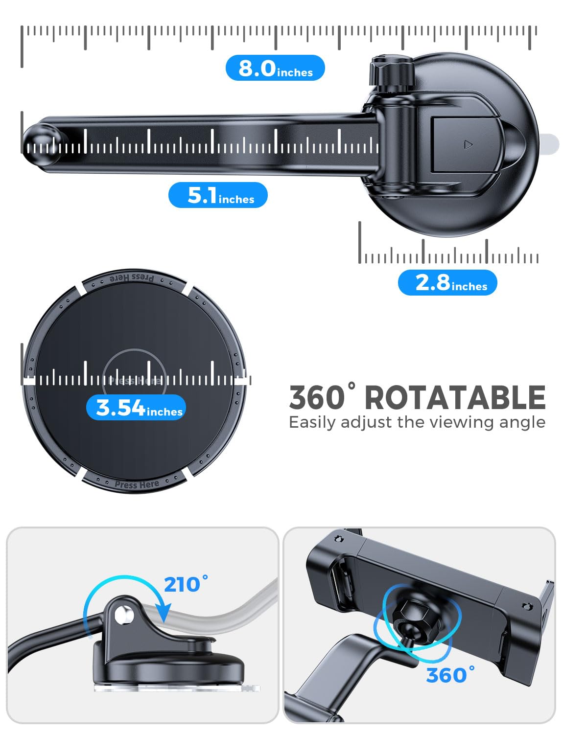 eSamcore Tablet Holder for Car Dashboard, Windshield Mount Holder for iPad & Foldable Phone Stand with Stable 360° Adjustable Clamp Car Gadgets & Accessories for iPad Air Pro Mini All 6”-11” Devices