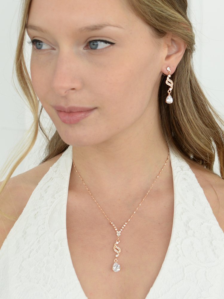 Mariell Rose Gold Cubic Zirconia Prom Jewelry Set, Necklace & Earrings Set for Wedding, Bride, Bridesmaid