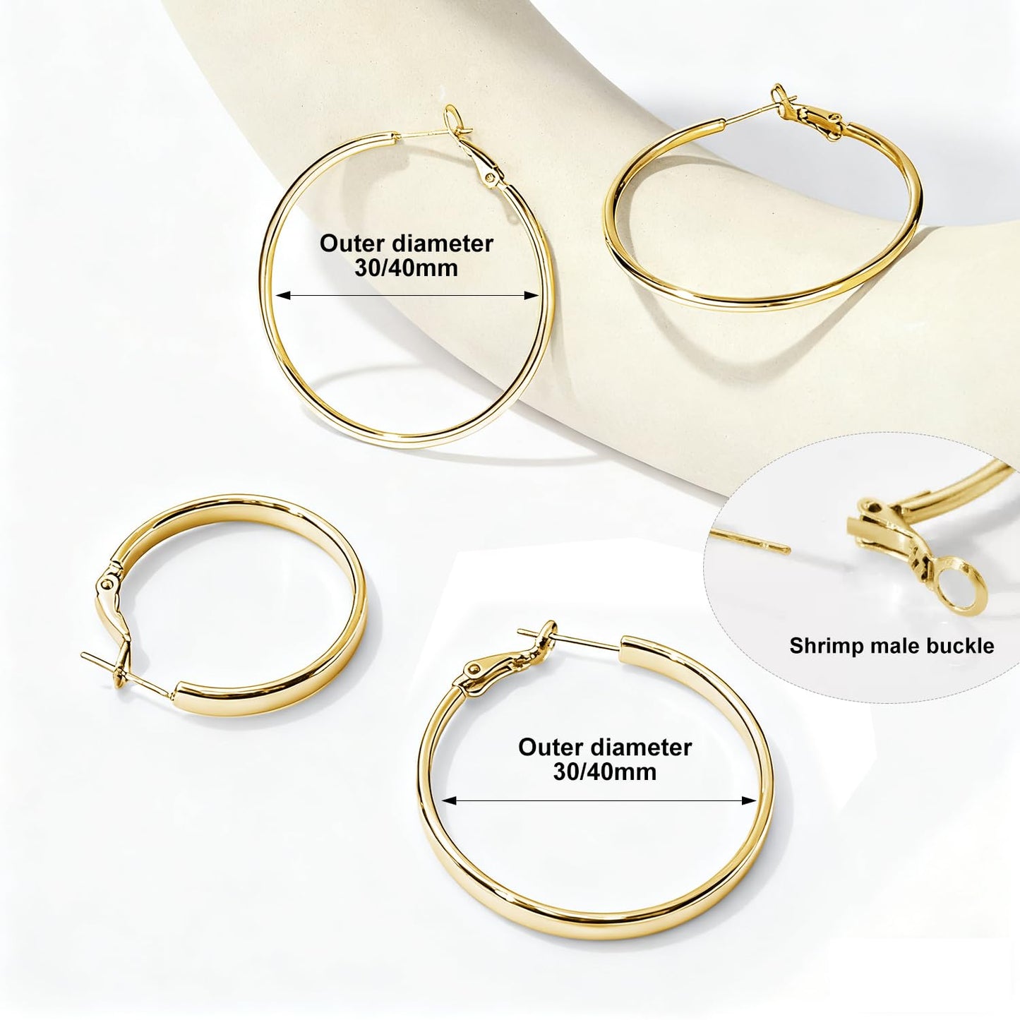 PICKBEAU Chunky Gold Hoop Earrings for Women | 14K Plated Hypoallergenic 4mm Wide & Thin Big Round Circle Hoops Stainless Steel Womens Loop Dangle Earrings Set (30/40mm)