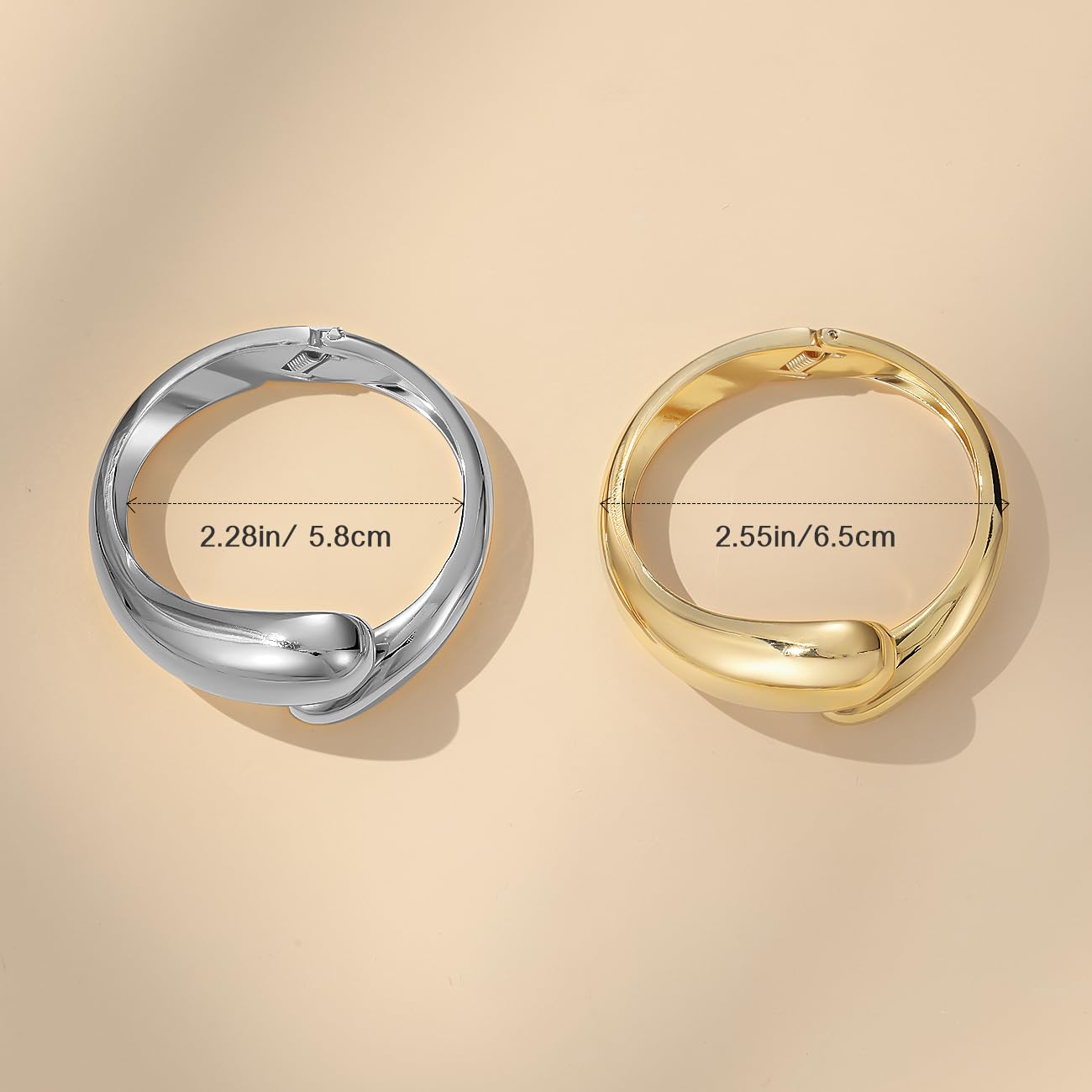 Emibele Bangle Cuff Bracelet Stack, Chunky 18K Gold Plated Teardrop Hinged Thick Bangle Bracelet Set, Non Tarnish Gold Bracelets for Women, 2 Pack, Gold & Silver