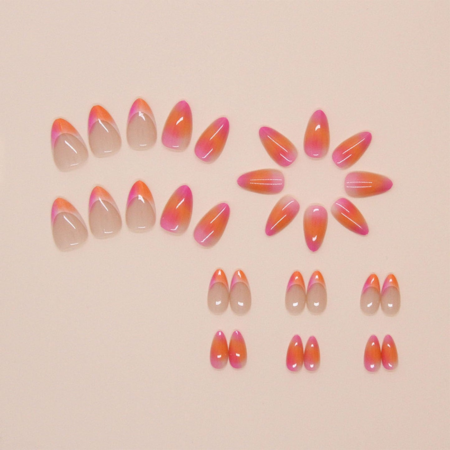 IMRAIN Press on Nails Medium Almond Fake Nails Orange Pink Ombre French Tips False Nails Gradient Glossy Full Cover Oval Stick on Artificial Nails