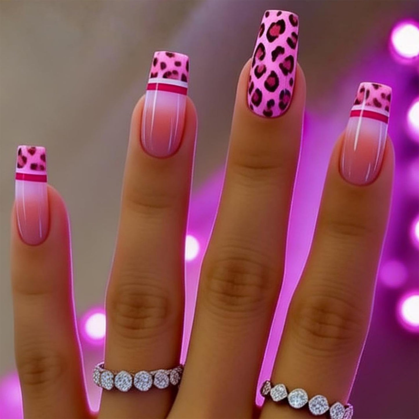 SINHOT Coffin Press on Nails - Long Fake Nails, Glossy Finish, Pink Leopard Print & French Tip, DIY Artificial False Nail Art - 24 Pcs Nail Kit with Glue