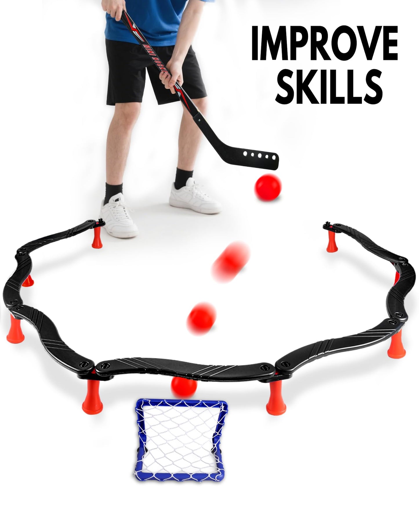 SPORTY PLAY Hockey Stick Handling Trainer – Adjustable Hockey Training Equipment Set with Hover Soccer Ball, Mini Goal & Sticks – Improve Skills & Coordination for Kids & Teens