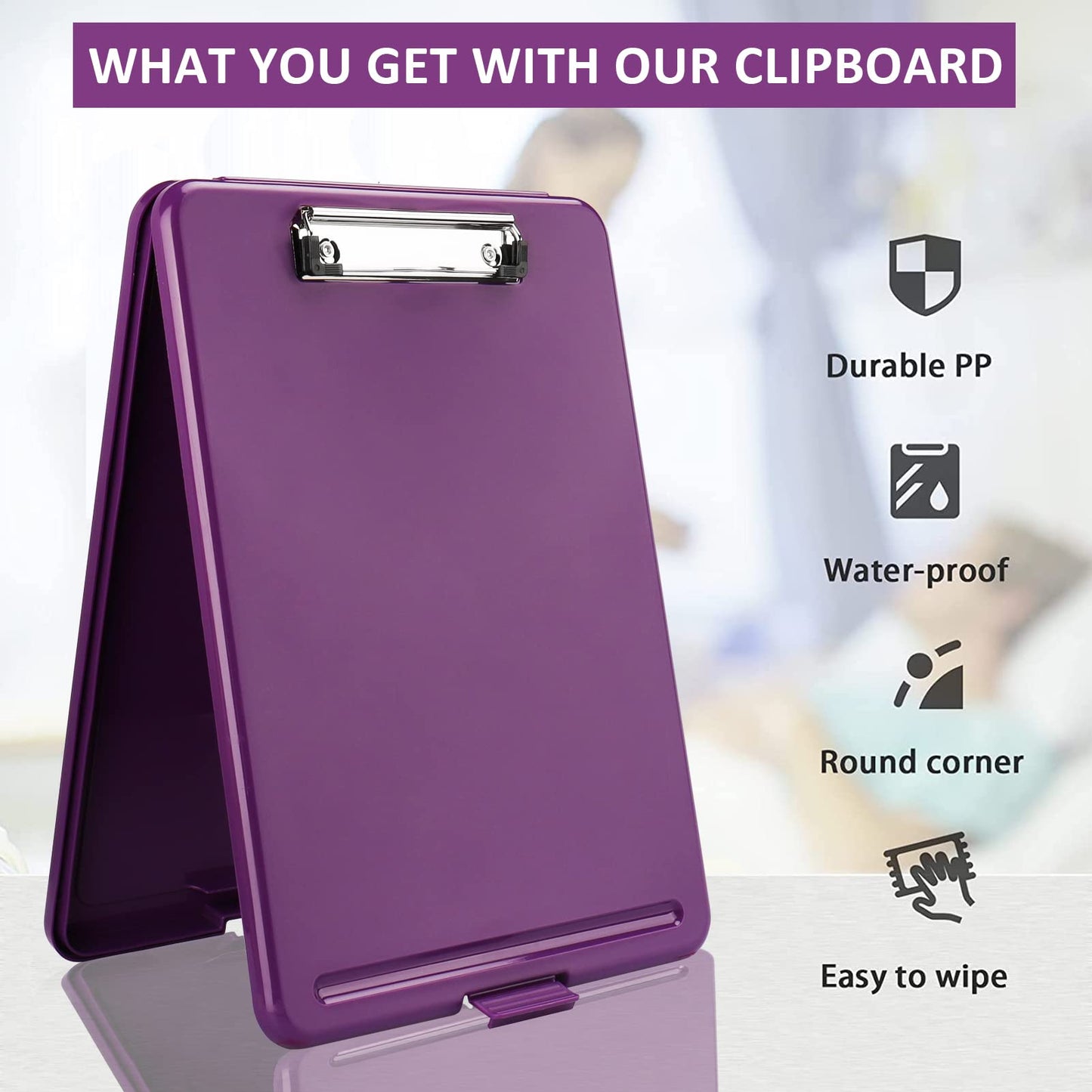 SFLHHDM A4 Clipboards, Folder Clipboard with Storage, Folio Plastic Clipboard with Low Profile Clip,Waterproof Nursing Clipboards Foldable Document Case for Office Work-Deep Purple