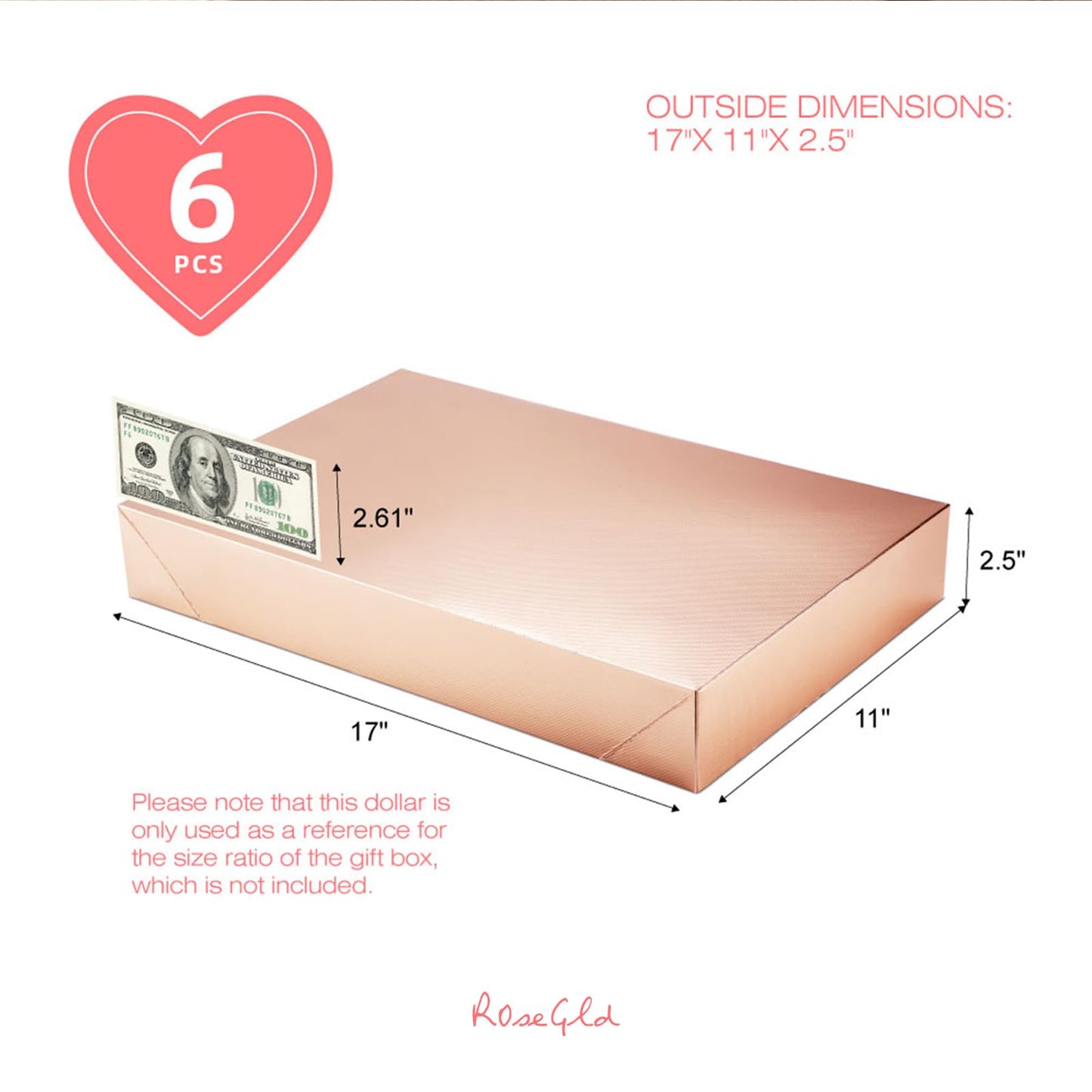 ROSEGLD 6 Extra Large Gift Boxes with Lids - 17x11x2.5 Inches, Rose Gold Gift Wrap Boxes with Grain Texture for Clothes & Apparel