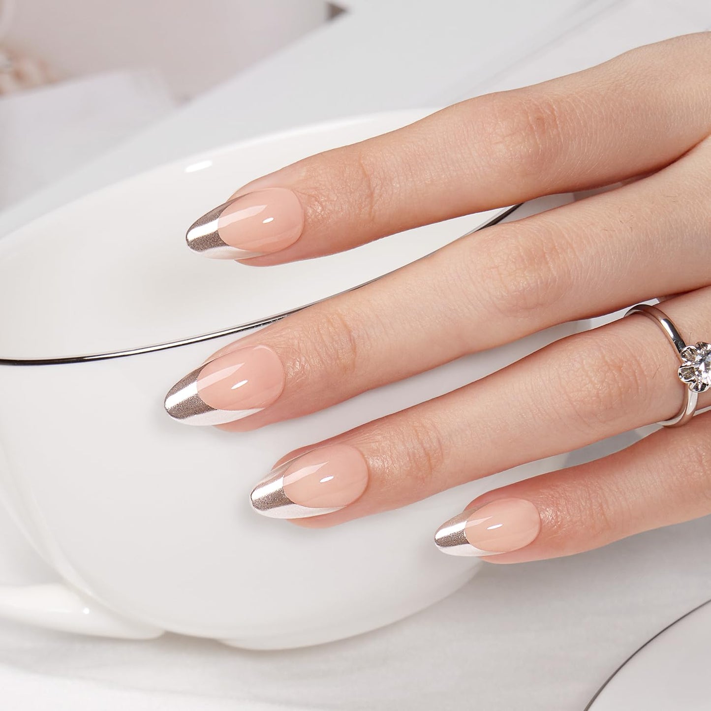 VSALON Press on Nails Short Almond - Deep Blue Cat Eye & Silver Metallic Finish French Tip