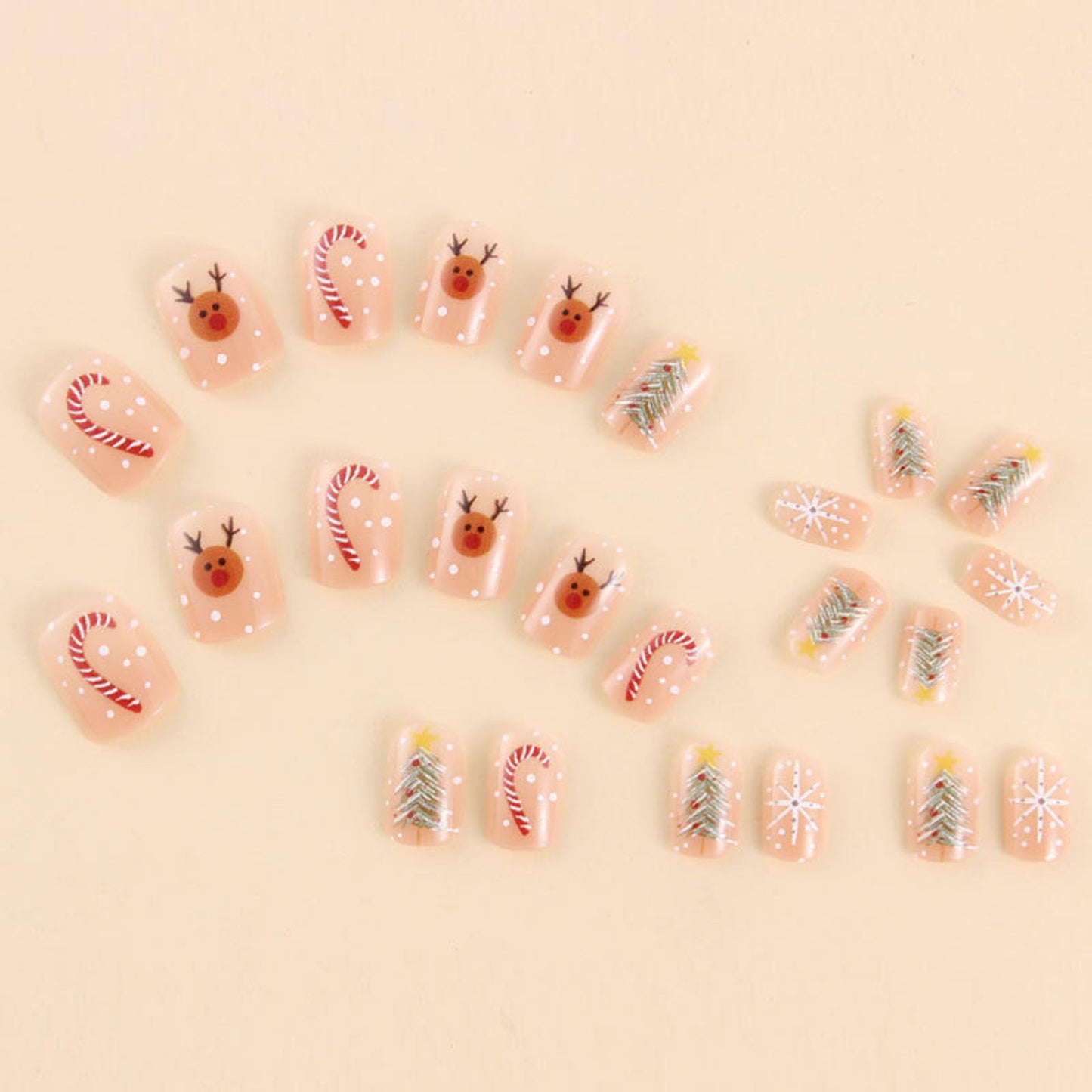 IMSOHOT Press on Nails Short Square Fake Nails Cute Nude Glossy False Nails with Elk, Tree, Snowflake Design Full Cover Glue on Nails for Women Girls Manicure