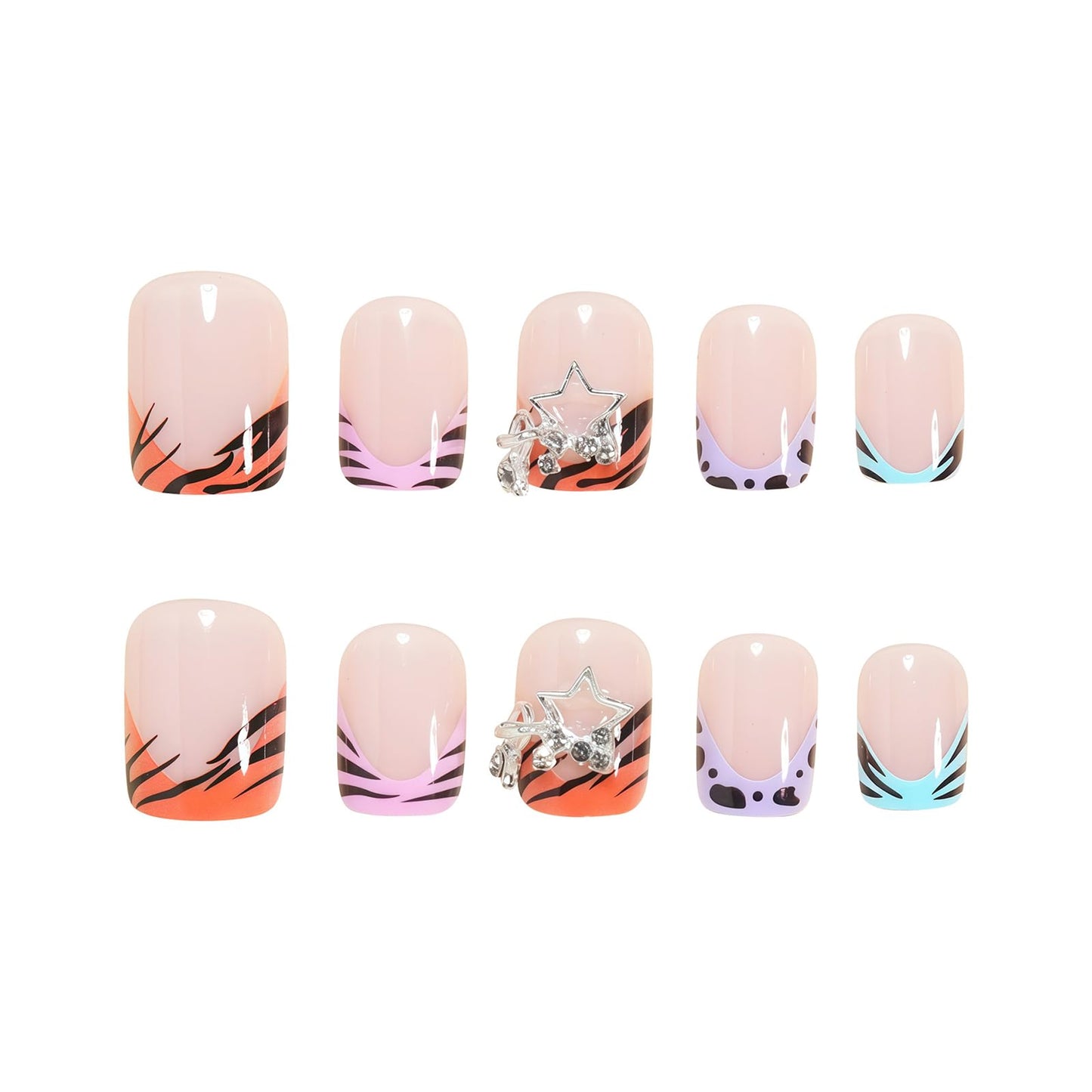 MISUD Press on Nails - Short Square Fake Nails with Summer Colorful French Tip, Acrylic Animal Print Design 24 pcs