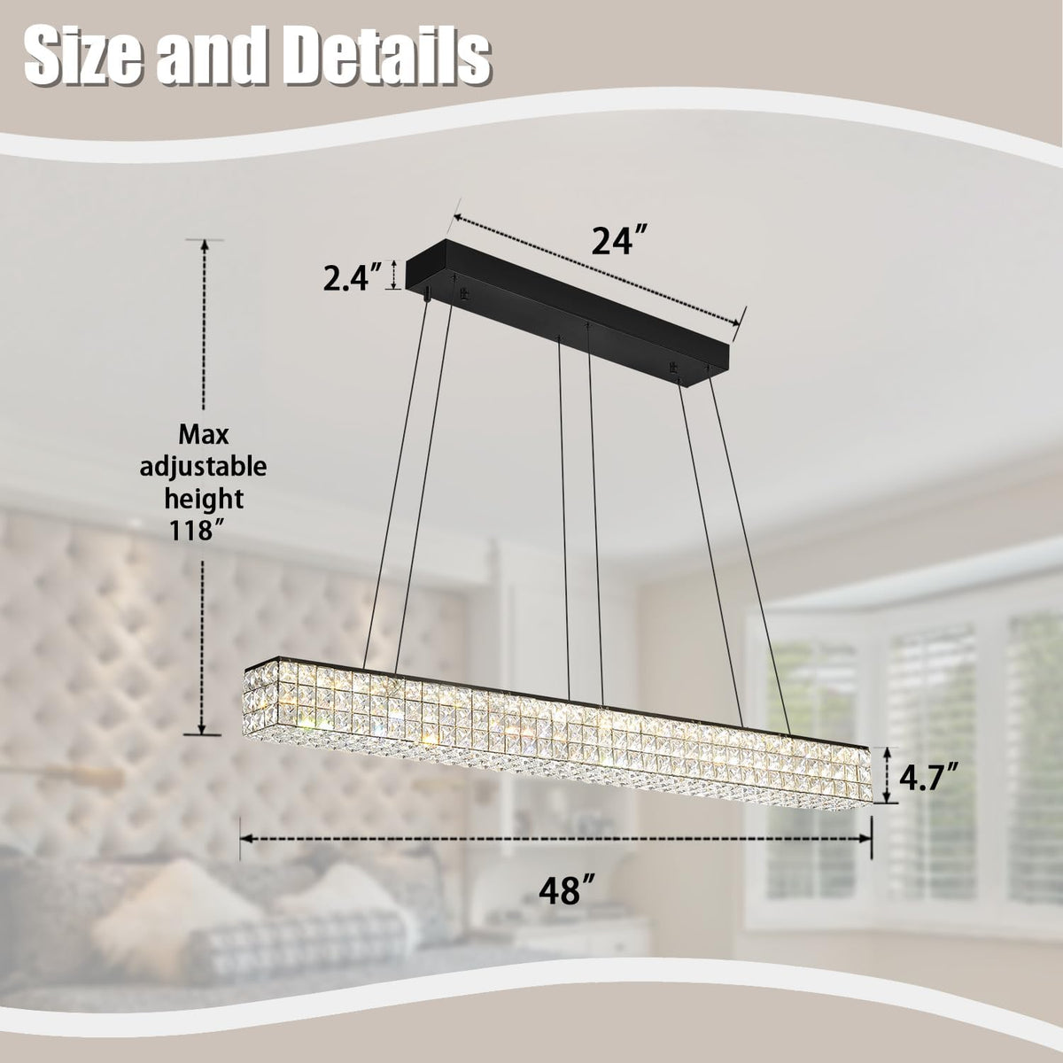 W48 Black Chandeliers for Dining Room, Modern Crystal Pendant Lights Fixture Farmhouse Hanging Dining Light Fixtures for Kitchen Island, Living Room, Bedroom