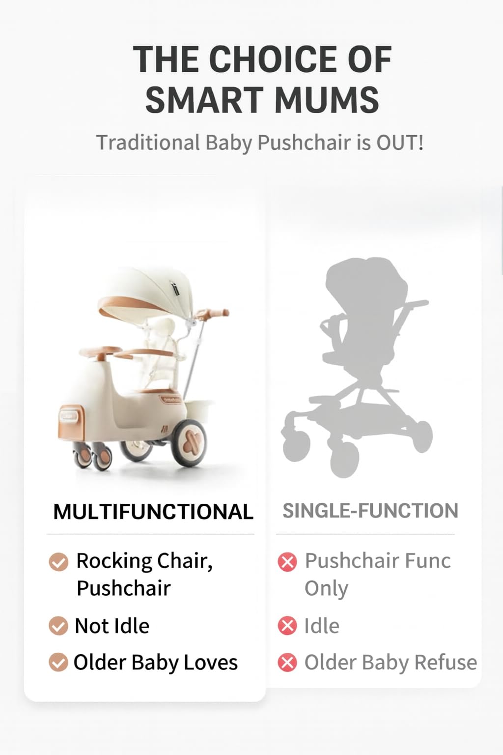MUMUBOO 3-in-1 Push Ride-On Car Stroller with Automatic Rocking | Innovative Baby & Toddler Solution - No Batteries, No Charging, Just Push & Rock (Beige)