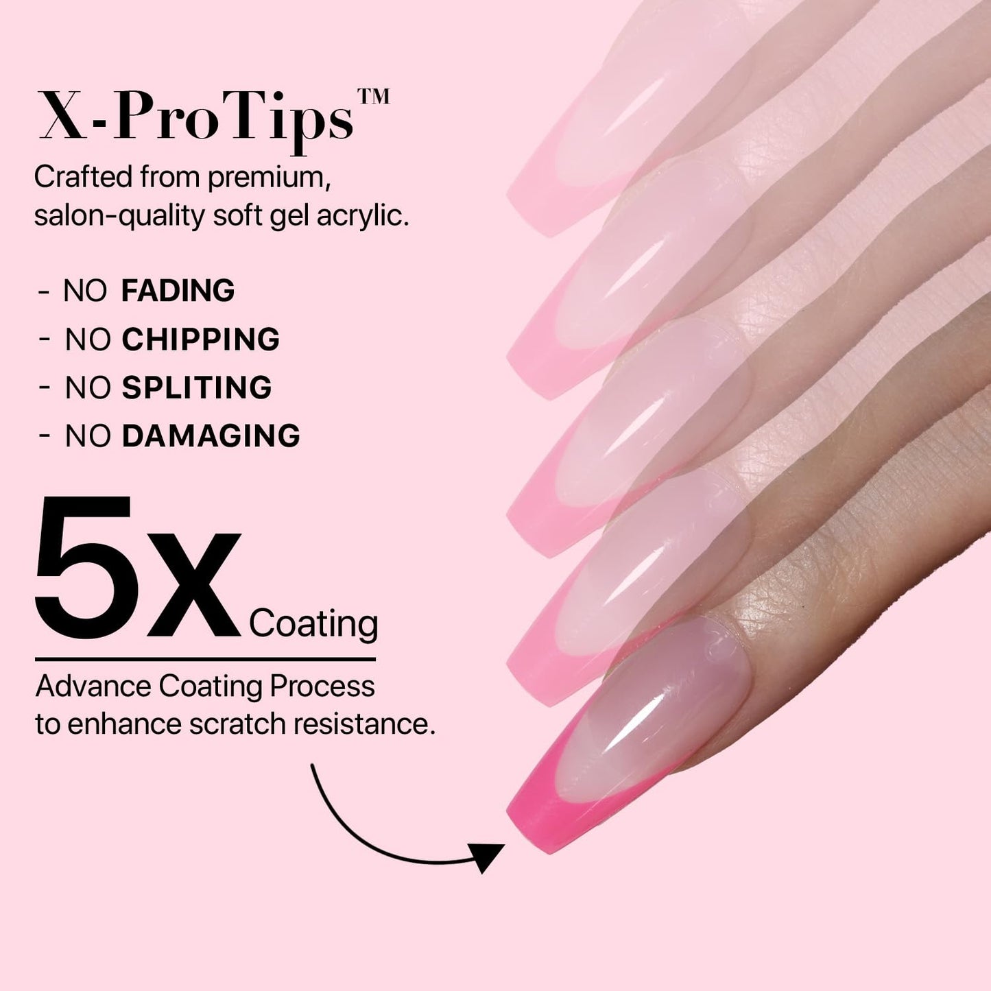 SXC Cosmetics French Tip Press On Nails 150 Pieces in 15 Sizes Ultra Fit with Pre-applied Tip Primer and Base Coat, No Need to File Fake Nails for Nail Art DIY X-Pro Tips (5PINK120-M Coffin)