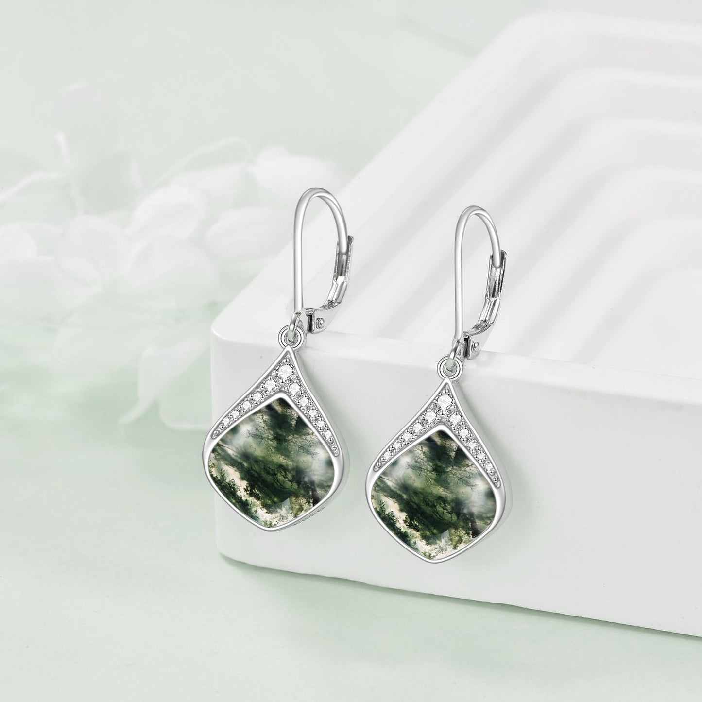 Moss Agate Earrings for Women Sterling Silver Cubic Zirconia Teardrop Drop cubic Zirconia Dangle Earrings Jewelry Gifts for Women
